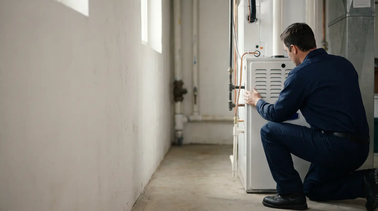 A technician kneeling beside a spotless residential furnace in morning light