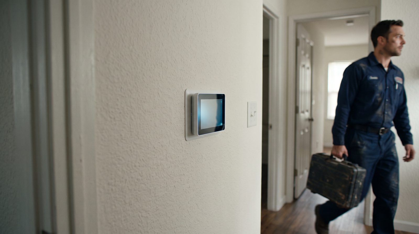 A warm, well-lit living room with the thermostat reading the correct temperature