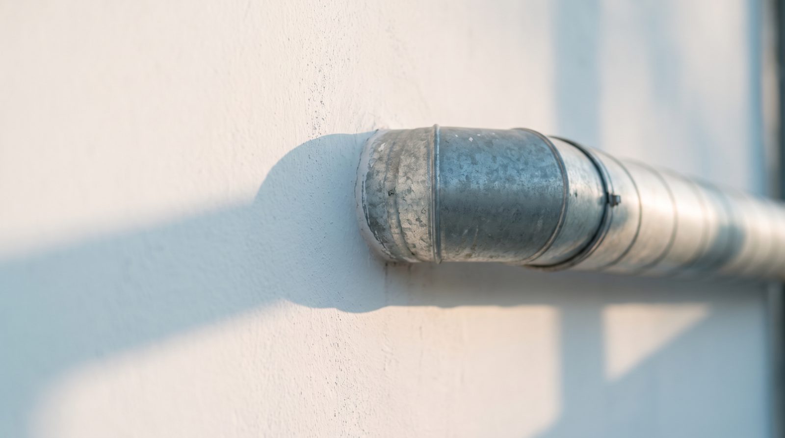 A clean galvanized ventilation duct running along a matte white wall
